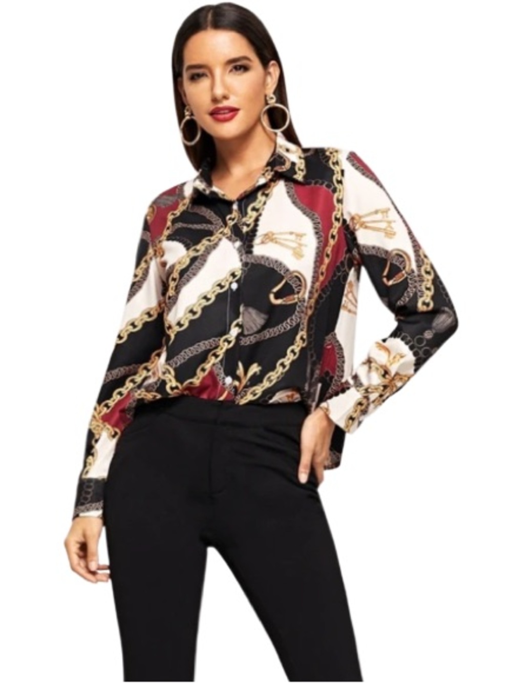 Yonda Chain Printed Long Sleeve Button down blouse. Size L. Elegant. - Picture 3 of 4